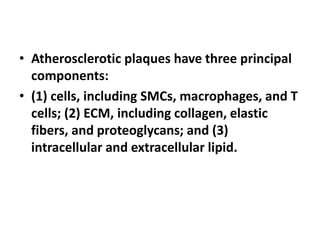 • Atherosclerotic plaques have three principal
components:
• (1) cells, including SMCs, macrophages, and T
cells; (2) ECM, including collagen, elastic
fibers, and proteoglycans; and (3)
intracellular and extracellular lipid.
 