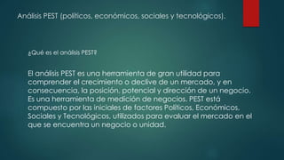 Análisis PEST (políticos, económicos, sociales y tecnológicos).
¿Qué es el análisis PEST?
El análisis PEST es una herramie...