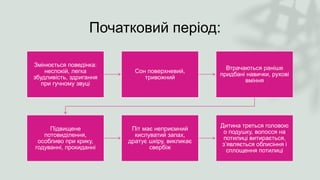 Початковий період:
Змінюється поведінка:
неспокій, легка
збудливість, здригання
при гучному звуці
Сон поверхневий,
тривожний
Втрачаються раніше
придбані навички, рухові
вміння
Підвищене
потовиділення,
особливо при крику,
годуванні, прокиданні
Піт має неприємний
кислуватий запах,
дратує шкіру, викликає
свербіж
Дитина треться головою
о подушку, волосся на
потилиці витирається,
з’являється облисіння і
сплощення потилиці
 