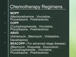 z
Chemotherapy Regimens
▪
▪
▪
▪
MOPP
(Mechlorethamine , Vincristine ,
Procarbazine , Prednisolone)
COPP
(Cyclophosphamide , Vincristine ,
Procarbazine , Prednisolone)
ABVD
(Adriamycin , Bleomycin , Vinblastine ,
Dacarbazine)
BEACOPP ( For advanced stage disease)
(Bleomycin , Etoposide , Doxorubicin ,
Cyclophosphamide , Vincristine ,
Procarbazine , Prednisolone)
 