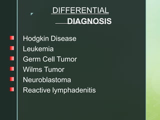 z
DIFFERENTIAL
DIAGNOSIS
Hodgkin Disease
Leukemia
Germ Cell Tumor
Wilms Tumor
Neuroblastoma
Reactive lymphadenitis
 