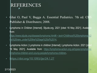 z
REFERENCES
• Ghai O, Paul V, Bagga A. Essential Pediatrics. 7th ed. CBS
Publisher & Distributers; 2008.
• Lymphoma in Children [Internet]. Stjude.org. 2021 [cited 16 May 2021]. Available
from:
https://www.stjude.org/disease/lymphoma.html#:~:text=Childhood%20lymphoma%2
0is%20rare.,under%20the%20age%20of%2014.
• Lymphoma Action | Lymphoma in children [Internet]. Lymphoma Action. 2021 [cited
16 May 2021]. Available from: https://lymphoma-action.org.uk/types-lymphoma-
lymphoma-children-and-young-people/lymphoma-children.
• https://doi.org/10.1093/ije/24.1.27
2/13/2023 46
 