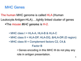 MHC Genes
The human MHC genome is called HLA (Human
Leukocyte Antigen-HLA)….tightly linked cluster of genes
The mouse MHC genome is H-2.
• MHC class I = HLA-A, HLA-B & HLA-C
• MHC class II = HLA-DP, HLA-DQ, &HLA-DR (D region)
• MHC class III = Complement factors C2, C4,&
Factor B
• Genes encoding in this MHC III do not play any
role in antigen presentation.
5
 
