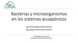 Bacterias y microorganismos
en los sistemas acuapónicos
Agr. Elmar Apolinar Pérez Gómez
Agr. Mayra Lorenza Pérez Gómez
elmar@agrosistemasc.com
www.agrosistemascontrolados.com
 