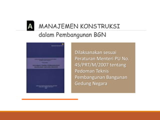 DIT.
PBL
MANAJEMEN KONSTRUKSI
dalam Pembangunan BGN
Dilaksanakan sesuai
Peraturan Menteri PU No.
45/PRT/M/2007 tentang
Pedoman Teknis
Pembangunan Bangunan
Gedung Negara
 