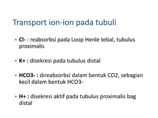 Transport ion-ion pada tubuli
• Cl- : reabsorbsi pada Loop Henle tebal, tubulus
proximalis
• K+ : disekresi pada tubulus distal
• HCO3- : direabsorbsi dalam bentuk CO2, sebagian
kecil dalam bentuk HCO3-
• H+ : disekresi aktif pada tubulus proximalis bag
distal
 