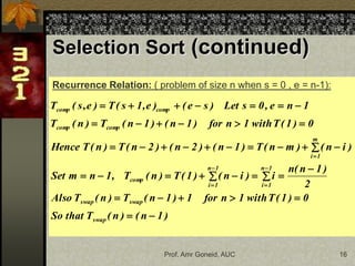 Prof. Amr Goneid, AUC 16
Selection Sort (continued)
Recurrence Relation: ( problem of size n when s = 0 , e = n-1):
)
1
n
(
)
n
(
T
that
So
0
)
1
(
T
with
1
n
for
1
)
1
n
(
T
)
n
(
T
Also
2
)
1
n
(
n
i
)
i
n
(
)
1
(
T
)
n
(
T
,
1
n
m
Set
)
i
n
(
)
m
n
(
T
)
1
n
(
)
2
n
(
)
2
n
(
T
)
n
(
T
Hence
0
)
1
(
T
with
1
n
for
)
1
n
(
)
1
n
(
T
)
n
(
T
1
n
e
,
0
s
Let
)
s
e
(
)
e
,
1
s
(
T
)
e
,
s
(
T
swap
swap
swap
1
n
1
i
1
n
1
i
comp
m
1
i
comp
comp
comp
comp











 




 



























 