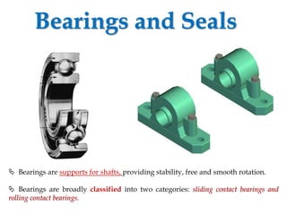 Bearings and Seals
 Bearings are supports for shafts, providing stability, free and smooth rotation.
 Bearings are broadly classified into two categories: sliding contact bearings and
rolling contact bearings.
 