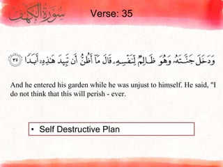 Verse: 35
• Self Destructive Plan
And he entered his garden while he was unjust to himself. He said, "I
do not think that this will perish - ever.
 