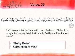 Verse: 36
• Shaky Belief
• Corruption of mind
And I do not think the Hour will occur. And even if I should be
brought back to my Lord, I will surely find better than this as a
return."
 