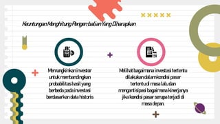 Melihatbagaimana investasi tertentu
dilakukan dalamkondisi pasar
tertentudi masalaludan
mengantisipasi bagaimana kinerjanya
jika kondisi pasar serupaterjadi di
masa depan.
Memungkinkaninvestor
untuk membandingkan
probabilitas hasilyang
berbedapada investasi
berdasarkan data historis
KeuntunganMenghitungPengembalianYangDiharapkan
 