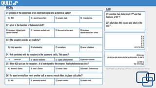 Q1: mention two features of EPP and two
features of AP ?
Q2: what does NMJ means and what is the
site?
SAQ
answer
key
:
1)
slide
10
2)
NMJ
is
transmission
is
between
neuron
and
muscle
cell
site:
synaps
SAQ
MCQs
key
answer
:
1)
D
2)
B
3)
A
4)
C
5)
A
6)
D
Q1: process of the conversion of an electrical signal into a chemical signal?
A) NMJ B) neurotransmitters C) synaptic knob D) transduction
Q2 : what is the function of Subneural cleft?
A) Increases Voltage gated
calcium channel
B) Increases surface area C) decrease surface area D) Increases
neurotransmitters action
Q3 : The synaptic vesicles are made by?
A) Golgi apparatus B) mitochondria C) sarcoplasm D) nerve cytoplasm
Q4 : Ach combines with its receptors in the subneural clefts, This opens?
A) muscle AP B) calcium channels C) Ligand gated channel D) potassium channels
MCQs
QUIZ!
Q5 : After ACh acts on the receptors , it is hydrolyzed by the enzyme Acetylcholinesterase into?
A) Acetate & Choline B) ester & Choline C) Acetate & ester D) Acetate & Cholinesterase
Q6 : An axon terminal can meet another cell, a neuron, muscle ﬁber, or gland cell called?
A) NMJ B) presynaptic terminal C) Synaptic vesicles D) synaptic knob
‫اﻟﺳﺎﺑﻌﺔ‬ ‫اﻟطﺑﻌﺔ‬ ،‫ﻟﻠﺗدرﯾب‬ ‫ﻟﮭﺎ‬ ‫ارﺟﻌوا‬ ٥٣ ‫ﺻﻔﺣﺔ‬ ‫ﻣن‬ ‫ﻟﯾﻧدا‬ ‫ﺑﻛﺗﺎب‬ ‫ﻣﻣﺗﺎزة‬ ‫أﺳﺋﻠﺔ‬ ‫ﻓﯾﮫ‬
 