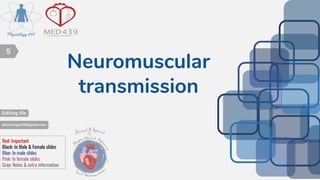 Neuromuscular
transmission
Red: Important
Black: In Male & Female slides
Blue: In male slides
Pink: In female slides
Gray: Notes & extra information
5
Editing ﬁle
physiology439@gmail.com
 