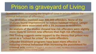 Prison is graveyard of Living
Question: Does increasing the length of time in prison reduce the
criminal behaviour of offenders?
• The 50 studies involved over 300,000 offenders. None of the
analyses found imprisonment to reduce habitual relapse. Longer
sentences were associated with a 3% increase in recidivism.
• An analysis of the studies showed low risk offenders were slightly
more likely to commit new offences than high risk offenders.
• This finding suggests some support to the theory that prison may
serve as a "school for crime" for some offenders.
• Offender treatment programs have been more effective in
reducing criminal behaviour than increasing the punishment for
criminal acts. (Gendreau, P. Goggin, C., & Cullen, F. T. (1999). The Effects of Prison Sentences on
Recidivism. Ottawa: Solicitor General Canada)
 