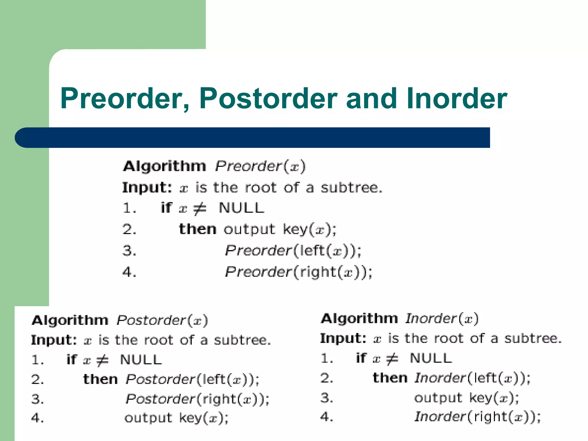 Preorder, Postorder and Inorder
 