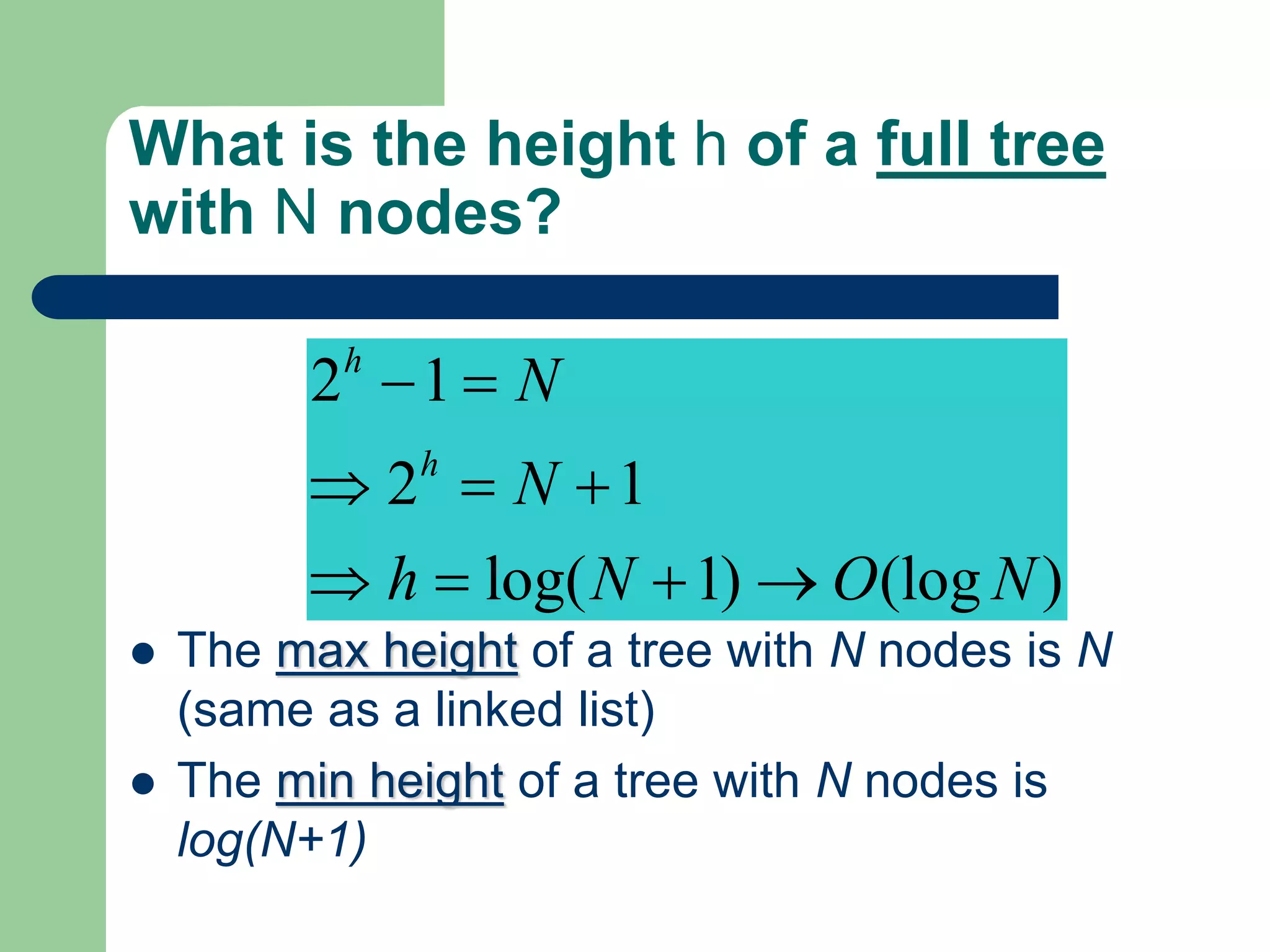 What is the height h of a full tree
with N nodes?
 The max height of a tree with N nodes is N
(same as a linked list)
 The min height of a tree with N nodes is
log(N+1)
2 1
2 1
log( 1) (log )
h
h
N
N
h N O N
 =
 = 
 =  
 