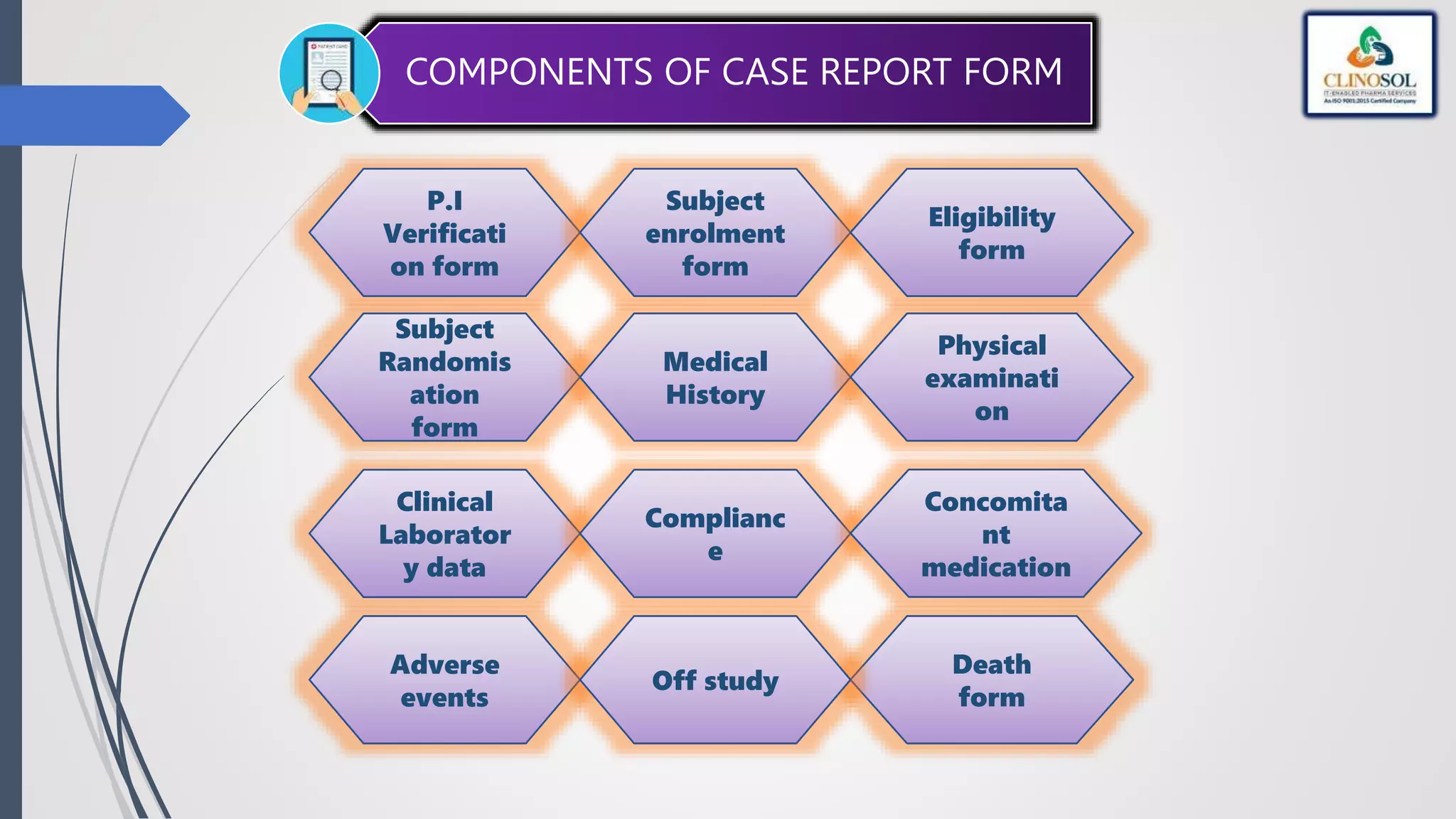 COMPONENTS OF CASE REPORT FORM
P.I
Verificati
on form
Subject
Randomis
ation
form
Adverse
events
Death
form
Off study
Clinical
Laborator
y data
Complianc
e
Medical
History
Concomita
nt
medication
Subject
enrolment
form
Physical
examinati
on
Eligibility
form