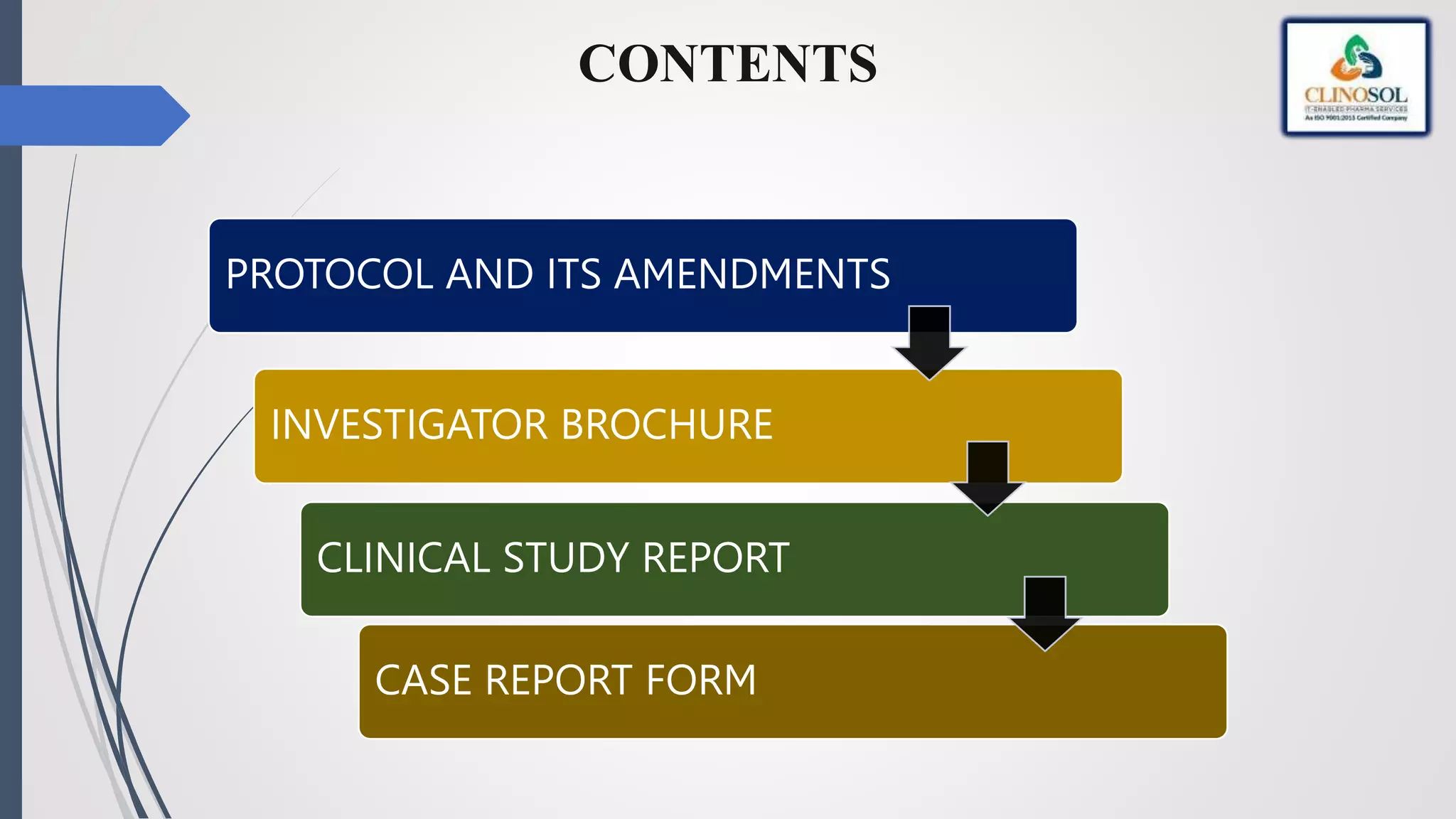 CONTENTS
PROTOCOL AND ITS AMENDMENTS
INVESTIGATOR BROCHURE
CLINICAL STUDY REPORT
CASE REPORT FORM