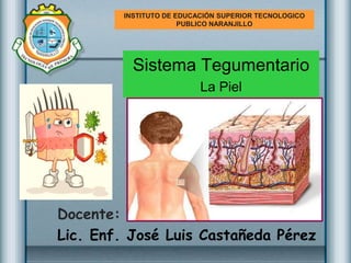 INSTITUTO DE EDUCACIÓN SUPERIOR TECNOLOGICO
PUBLICO NARANJILLO
Sistema Tegumentario
La Piel
Docente:
Lic. Enf. José Luis Castañeda Pérez
 