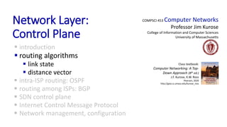 Network Layer:
Control Plane
 introduction
 routing algorithms
 link state
 distance vector
 intra-ISP routing: OSPF
 routing among ISPs: BGP
 SDN control plane
 Internet Control Message Protocol
 Network management, configuration
COMPSCI 453 Computer Networks
Professor Jim Kurose
College of Information and Computer Sciences
University of Massachusetts
Class textbook:
Computer Networking: A Top-
Down Approach (8th ed.)
J.F. Kurose, K.W. Ross
Pearson, 2020
http://gaia.cs.umass.edu/kurose_ross
 
