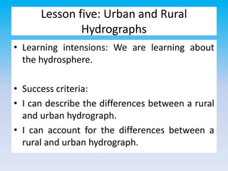 Lesson five: Urban and Rural
Hydrographs
• Learning intensions: We are learning about
the hydrosphere.
• Success criteria:
• I can describe the differences between a rural
and urban hydrograph.
• I can account for the differences between a
rural and urban hydrograph.
 