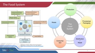 The Food System
3
University of Oxford; What is the Food System?
https://www.futureoffood.ox.ac.uk/what-food-system
Production
Processing/
Packaging
Distribution
/
Retail
Consump-
tion
Waste
The
Food
System
 