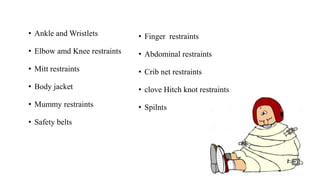 • Ankle and Wristlets
• Elbow amd Knee restraints
• Mitt restraints
• Body jacket
• Mummy restraints
• Safety belts
• Finger restraints
• Abdominal restraints
• Crib net restraints
• clove Hitch knot restraints
• Spilnts
 