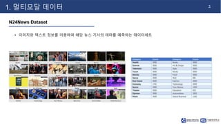 2
1. 멀티모달 데이터
N24News Dataset
• 이미지와 텍스트 정보를 이용하여 해당 뉴스 기사의 테마를 예측하는 데이터세트
 