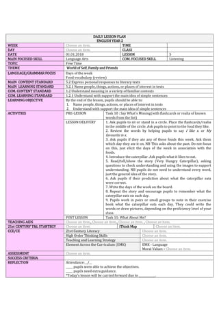 DAILY LESSON PLAN
ENGLISH YEAR 2
WEEK Choose an item. TIME
DAY Choose an item. CLASS
DATE 01.01.2018 LESSON 5
MAIN FOCUSED SKILL Language Arts COM. FOCUSED SKILL Listening
TOPIC Free Time
THEME World of Self, Family and Friends
LANGUAGE/GRAMMAR FOCUS Days of the week
Food vocabulary (review)
MAIN CONTENT STANDARD 5.2 Express personal responses to literary texts
MAIN LEARNING STANDARD 5.2.1 Name people, things, actions, or places of interest in texts
COM. CONTENT STANDARD 1.2 Understand meaning in a variety of familiar contexts
COM. LEARNING STANDARD 1.2.1 Understand with support the main idea of simple sentences
LEARNING OBJECTIVE By the end of the lesson, pupils should be able to:
1. Name people, things, actions, or places of interest in texts
2. Understand with support the main idea of simple sentences
ACTIVITIES PRE-LESSON Task 10 : Say What's Missing(with flashcards or realia of known
words from the list)
LESSON DELIVERY 1. Ask pupils to sit or stand in a circle. Place the flashcards/realia
in the middle of the circle. Ask pupils to point to the food they like.
2. Review the words by helping pupils to say I like x. or My
favourite is x.
3. Ask pupils if they ate any of these foods this week. Ask them
which day they ate it on. NB This asks about the past. Do not focus
on this, just elicit the days of the week in association with the
foods.
4. Introduce the caterpillar. Ask pupils what it likes to eat.
5. Read/tell/show the story (Very Hungry Caterpillar), asking
questions to check understanding and using the images to support
understanding. NB pupils do not need to understand every word,
just the general idea of the story.
6. Ask pupils if their prediction about what the caterpillar eats
were correct.
7. Write the days of the week on the board.
8. Repeat the story and encourage pupils to remember what the
caterpillar eats on each day.
9. Pupils work in pairs or small groups to note in their exercise
book what the caterpillar eats each day. They could write the
words or draw pictures, depending on the proficiency level of your
class.
POST LESSON Task 11: What About Me?
TEACHING AIDS Choose an item., Choose an item., Choose an item. , Choose an item.
21st CENTURY T&L STARTEGY Choose an item. iThink Map Choose an item.
CCE/CE 21st Century Literacy Choose an item.
High Order Thinking Skills Choose an item.
Teaching and Learning Strategy Choose an item.
Element Across the Curriculum (EMK) EMK - Language
Moral Values – Choose an item.
ASSESSMENT Choose an item.
SUCCESS CRITERIA
REFLECTION Attendance:__/__
_____ pupils were able to achieve the objectives.
_____ pupils need extra guidance.
*Today’s lesson will be carried forward due to ____________.
 