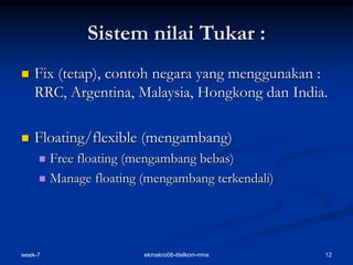 week-7 12
ekmakro08-ittelkom-mna
Sistem nilai Tukar :
 Fix (tetap), contoh negara yang menggunakan :
RRC, Argentina, Malaysia, Hongkong dan India.
 Floating/flexible (mengambang)
 Free floating (mengambang bebas)
 Manage floating (mengambang terkendali)
 