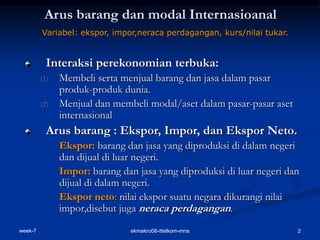 week-7 ekmakro08-ittelkom-mna 2
Arus barang dan modal Internasioanal
Variabel: ekspor, impor,neraca perdagangan, kurs/nilai tukar.
Interaksi perekonomian terbuka:
(1) Membeli serta menjual barang dan jasa dalam pasar
produk-produk dunia.
(2) Menjual dan membeli modal/aset dalam pasar-pasar aset
internasional
Arus barang : Ekspor, Impor, dan Ekspor Neto.
- Ekspor: barang dan jasa yang diproduksi di dalam negeri
dan dijual di luar negeri.
- Impor: barang dan jasa yang diproduksi di luar negeri dan
dijual di dalam negeri.
- Ekspor neto: nilai ekspor suatu negara dikurangi nilai
impor,disebut juga neraca perdagangan.
 