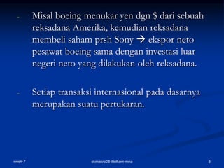 week-7 ekmakro08-ittelkom-mna 8
- Misal boeing menukar yen dgn $ dari sebuah
reksadana Amerika, kemudian reksadana
membeli saham prsh Sony  ekspor neto
pesawat boeing sama dengan investasi luar
negeri neto yang dilakukan oleh reksadana.
- Setiap transaksi internasional pada dasarnya
merupakan suatu pertukaran.
 