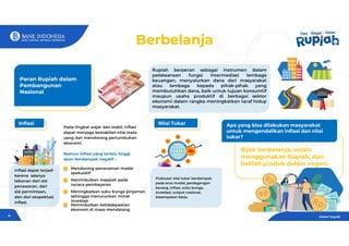 Rupiah berperan sebagai instrumen dalam
pelaksanaan fungsi intermediasi lembaga
keuangan, menyalurkan dana dari masyarakat
atau lembaga kepada pihak-pihak yang
membutuhkan dana, baik untuk tujuan konsumtif
maupun usaha produktif di berbagai sektor
ekonomi dalam rangka meningkatkan taraf hidup
masyarakat.
Bijak berbelanja, selalu
menggunakan Rupiah, dan
belilah produk dalam negeri.
Inflasi
Peran Rupiah dalam
Pembangunan
Nasional
Pada tingkat wajar dan stabil, inflasi
dapat menjaga kestabilan nilai mata
uang dan mendorong pertumbuhan
ekonomi.
Namun inflasi yang terlalu tinggi
akan berdampak negatif :
Nilai Tukar
Fluktuasi nilai tukar berdampak
pada arus modal, perdagangan
barang, inflasi, suku bunga,
investasi, output nasional,
kesempatan kerja.
Apa yang bisa dilakukan masyarakat
untuk mengendalikan inflasi dan nilai
tukar?
Mendorong penanaman modal
spekulatif
Menimbulkan masalah pada
neraca pembayaran
Inflasi dapat terjadi
karena adanya
tekanan dari sisi
penawaran, dari
sisi permintaan,
dan dari ekspektasi
inflasi.
Meningkatkan suku bunga pinjaman
sehingga menurunkan minat
investasi
Menimbulkan ketidakpastian
ekonomi di masa mendatang
Berbelanja
Paham Rupiah
4
 
