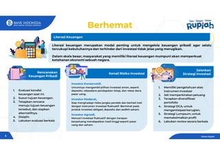 Paham Rupiah
Investor Konservatif,
Umumnya mengambil pilihan investasi aman, seperti
deposito, reksadana pendapatan tetap, dan reksa dana
pasar uang.
Investor Moderat,
Siap menghadapi risiko jangka pendek dan berhati-hati
dengan instrumen investasi fluktuatif. Berminat pada
produk investasi obligasi, deposito dan sedikit saham.
Investor Agresif,
Mencari investasi fluktuatif dengan harapan
berpeluang mendapatkan hasil tinggi seperti pasar
uang dan saham.
Kenali Risiko Investasi
1. Memiliki pengetahuan atas
instrumen investasi
2. Jeli memperkirakan peluang
3. Terapkan diversifikasi
portofolio
4. Strategi DCA, untuk
mengantisipasi kerugian,
5. Strategi Lumpsum, untuk
memaksimalkan profit
6. Lakukan review secara berkala
Jalankan
Strategi Investasi
Literasi Keuangan
Literasi keuangan merupakan modal penting untuk mengelola keuangan pribadi agar selalu
tercukupi kebutuhannya dan terhindar dari investasi tidak jelas yang merugikan.
Dalam skala besar, masyarakat yang memiliki literasi keuangan mumpuni akan memperkuat
ketahanan ekonomi sebuah negara.
1. Evaluasi kondisi
keuangan saat ini.
2. Susun tujuan keuangan.
3. Tetapkan rencana
menuju tujuan keuangan
tersebut, dan siapkan
alternatifnya.
4. Disiplin
5. Lakukan evaluasi berkala
Rencanakan
Keuangan Pribadi
Berhemat
6
 