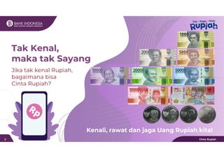 Tak Kenal,
maka tak Sayang
Kenali, rawat dan jaga Uang Rupiah kita!
Jika tak kenal Rupiah,
bagaimana bisa
Cinta Rupiah?
Cinta Rupiah
2
 