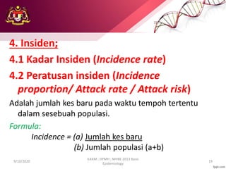 4. Insiden;
4.1 Kadar Insiden (Incidence rate)
4.2 Peratusan insiden (Incidence
proportion/ Attack rate / Attack risk)
Adalah jumlah kes baru pada waktu tempoh tertentu
dalam sesebuah populasi.
Formula:
Incidence = (a) Jumlah kes baru
(b) Jumlah populasi (a+b)
9/10/2020
ILKKM ; DPMH ; MHBE 2013 Basic
Epidemiology
19
 