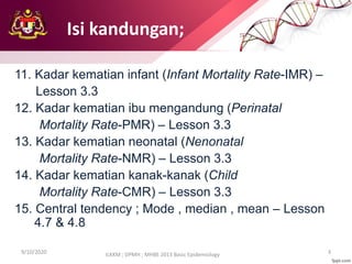 Slide Title
11. Kadar kematian infant (Infant Mortality Rate-IMR) –
Lesson 3.3
12. Kadar kematian ibu mengandung (Perinatal
Mortality Rate-PMR) – Lesson 3.3
13. Kadar kematian neonatal (Nenonatal
Mortality Rate-NMR) – Lesson 3.3
14. Kadar kematian kanak-kanak (Child
Mortality Rate-CMR) – Lesson 3.3
15. Central tendency ; Mode , median , mean – Lesson
4.7 & 4.8
9/10/2020 3
ILKKM ; DPMH ; MHBE 2013 Basic Epidemiology
Isi kandungan;
 