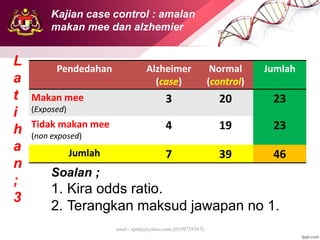 emel : njtnkj@yahoo.com (0199739587)
Pendedahan Alzheimer
(case)
Normal
(control)
Jumlah
Makan mee
(Exposed)
3 20 23
Tidak makan mee
(non exposed)
4 19 23
Jumlah 7 39 46
L
a
t
i
h
a
n
;
3
Soalan ;
1. Kira odds ratio.
2. Terangkan maksud jawapan no 1.
Kajian case control : amalan
makan mee dan alzhemier
 