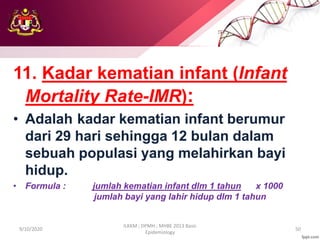 11. Kadar kematian infant (Infant
Mortality Rate-IMR):
• Adalah kadar kematian infant berumur
dari 29 hari sehingga 12 bulan dalam
sebuah populasi yang melahirkan bayi
hidup.
• Formula : jumlah kematian infant dlm 1 tahun x 1000
jumlah bayi yang lahir hidup dlm 1 tahun
9/10/2020
ILKKM ; DPMH ; MHBE 2013 Basic
Epidemiology
50
 
