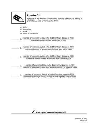 Measures of Risk
Page 3-9
Exercise 3.1
For each of the fractions shown below, indicate whether it is a ratio, a
proportion, a rate, or none of the three.
A. Ratio
B. Proportion
C. Rate
D. None of the above
________ 1.
2004
in
died
who
A
State
in
women
of
number
2004
in
disease
heart
from
died
who
A
State
in
women
of
number
________ 2.
2004
1,
July
on
A
State
in
living
women
of
number
estimated
2004
in
disease
heart
from
died
who
A
State
in
women
of
number
________ 3.
2004
in
cancer
from
died
who
A
State
in
women
of
number
2004
in
disease
heart
from
died
who
A
State
in
women
of
number
________ 4.
2004
in
types)
(all
cancer
from
died
who
A
State
in
women
of
number
2004
in
cancer
lung
from
died
who
A
State
in
women
of
number
________ 5.
2004
in
sales
cigarette
from
A
State
in
dollars)
(in
revenue
estimated
2004
in
cancer
lung
from
died
who
A
State
in
women
of
number
Check your answers on page 3-52
 