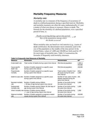 Measures of Risk
Page 3-20
Mortality Frequency Measures
Mortality rate
A mortality rate is a measure of the frequency of occurrence of
death in a defined population during a specified interval. Morbidity
and mortality measures are often the same mathematically; it’s just
a matter of what you choose to measure, illness or death. The
formula for the mortality of a defined population, over a specified
period of time, is:
Deaths occurring during a given time period
x 10n
Size of the population among which
the deaths occurred
When mortality rates are based on vital statistics (e.g., counts of
death certificates), the denominator most commonly used is the
size of the population at the middle of the time period. In the
United States, values of 1,000 and 100,000 are both used for 10n
for most types of mortality rates. Table 3.4 summarizes the
formulas of frequently used mortality measures.
Table 3.4 Frequently Used Measures of Mortality
Measure Numerator Denominator 10n
Crude death rate Total number of deaths during a given time interval Mid-interval population 1,000 or
100,000
Cause-specific
death rate
Number of deaths assigned to a specific cause
during a given time interval
Mid-interval population 100,000
Proportionate
mortality
Number of deaths assigned to a specific cause
during a given time interval
Total number of deaths from
all causes during the same
time interval
100 or
1,000
Death-to-case ratio Number of deaths assigned to a specific cause
during a given time interval
Number of new cases of same
disease reported during the
same time interval
100
Neonatal mortality
rate
Number of deaths among children
< 28 days of age during a given time interval
Number of live births during
the same time interval
1,000
Postneonatal
mortality rate
Number of deaths among children 28–364 days of
age during a given time interval
Number of live births during
the same time interval
1,000
Infant mortality rate Number of deaths among children
< 1 year of age during a given time interval
Number of live births during
the same time interval
1,000
Maternal mortality
rate
Number of deaths assigned to pregnancy-related
causes during a given time interval
Number of live births during
the same time interval
100,000
 
