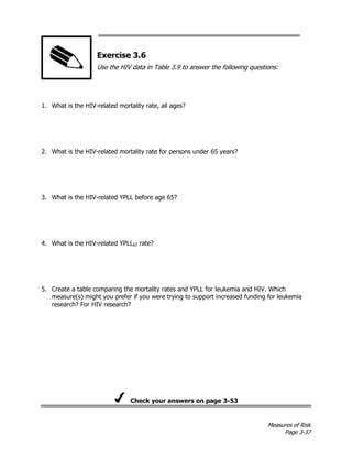 Measures of Risk
Page 3-37
Exercise 3.6
Use the HIV data in Table 3.9 to answer the following questions:
1. What is the HIV-related mortality rate, all ages?
2. What is the HIV-related mortality rate for persons under 65 years?
3. What is the HIV-related YPLL before age 65?
4. What is the HIV-related YPLL65 rate?
5. Create a table comparing the mortality rates and YPLL for leukemia and HIV. Which
measure(s) might you prefer if you were trying to support increased funding for leukemia
research? For HIV research?
Check your answers on page 3-53
 