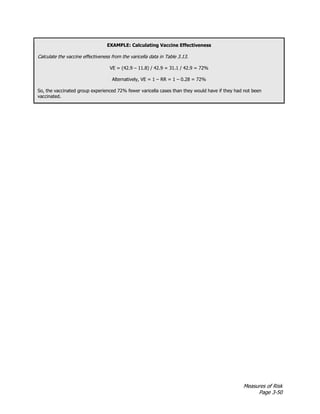 Measures of Risk
Page 3-50
EXAMPLE: Calculating Vaccine Effectiveness
Calculate the vaccine effectiveness from the varicella data in Table 3.13.
VE = (42.9 – 11.8) / 42.9 = 31.1 / 42.9 = 72%
Alternatively, VE = 1 – RR = 1 – 0.28 = 72%
So, the vaccinated group experienced 72% fewer varicella cases than they would have if they had not been
vaccinated.
 