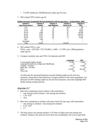 Measures of Risk
Page 3-54
= 5.4 HIV deaths per 100,000 persons under age 65 years
3. HIV-related YPLL before age 65
Deaths and years of potential life lost attributed to HIV by age group — United States, 2002
Column 1
Age Group (years)
Column 2
Deaths
Column 3
Age Midpoint
Column 4
Years to 65
Column 5
YPLL
0–4 12 2.5 62.5 750
5–10 25 10 55 1,375
15–24 178 20 45 8,010
25–34 1,839 30 35 64,365
35–44 5,707 40 25 142,675
45–54 4,474 50 15 67,110
55–64 1,347 60 5 6,735
65+ 509 - - -
Not stated 4 - - -
Total 14,095 291,020
4. HIV-related YPLL65 rate
YPLL65 rate = (291,020 / 252,755,000) x 1,000 = 1.2 YPLL per 1,000 population
under age 65.
5. Compare mortality rates and YPLL for leukemia and HIV
Leukemia HIV
# cause-specific deaths, all ages 21,498 14,095
cause-specific death rate, all ages (per 100,000 pop) 7.5 4.9
# deaths, < 65 years 6,221 13,582
death rate, < 65 years 2.5 5.4
YPLL65 117,033 291,020
YPLL65 rate 0.5 1.2
An advocate for increased leukemia research funding might use the first two
measures, which shows that leukemia is a larger problem in the entire population. An
advocate for HIV funding might use the last four measures, since they highlight HIV
deaths among younger persons.
Exercise 3.7
1. Rate ratio comparing current smokers with nonsmokers
= rate among current smokers / rate among non-smokers
= 1.30 / 0.07
= 18.6
2. Rate ratio comparing ex-smokers who quit at least 20 years ago with nonsmokers
= rate among ex-smokers / rate among non-smokers
= 0.19 / 0.07
= 2.7
3. The lung cancer rate among smokers is 18 times as high as the rate among non-
smokers. Smokers who quit can lower their rate considerably, but it never gets back
 