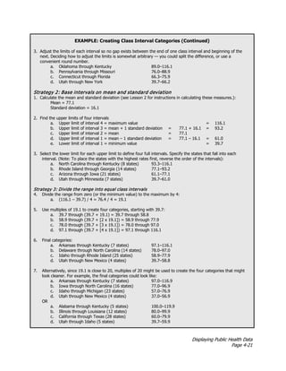 Displaying Public Health Data
Page 4-21
EXAMPLE: Creating Class Interval Categories (Continued)
3. Adjust the limits of each interval so no gap exists between the end of one class interval and beginning of the
next. Deciding how to adjust the limits is somewhat arbitrary — you could split the difference, or use a
convenient round number.
a. Oklahoma through Kentucky 89.0–116.1
b. Pennsylvania through Missouri 76.0–88.9
c. Connecticut through Florida 66.3–75.9
d. Utah through New York 39.7–66.2
Strategy 2: Base intervals on mean and standard deviation
1. Calculate the mean and standard deviation (see Lesson 2 for instructions in calculating these measures.):
Mean = 77.1
Standard deviation = 16.1
2. Find the upper limits of four intervals
a. Upper limit of interval 4 = maximum value = 116.1
b. Upper limit of interval 3 = mean + 1 standard deviation = 77.1 + 16.1 = 93.2
c. Upper limit of interval 2 = mean = 77.1
d. Upper limit of interval 1 = mean – 1 standard deviation = 77.1 – 16.1 = 61.0
e. Lower limit of interval 1 = minimum value = 39.7
3. Select the lower limit for each upper limit to define four full intervals. Specify the states that fall into each
interval. (Note: To place the states with the highest rates first, reverse the order of the intervals):
a. North Carolina through Kentucky (8 states) 93.3–116.1
b. Rhode Island through Georgia (14 states) 77.1–93.2
c. Arizona through Iowa (21 states) 61.1–77.1
d. Utah through Minnesota (7 states) 39.7–61.0
Strategy 3: Divide the range into equal class intervals
4. Divide the range from zero (or the minimum value) to the maximum by 4:
a. (116.1 – 39.7) / 4 = 76.4 / 4 = 19.1
5. Use multiples of 19.1 to create four categories, starting with 39.7:
a. 39.7 through (39.7 + 19.1) = 39.7 through 58.8
b. 58.9 through (39.7 + [2 x 19.1]) = 58.9 through 77.9
c. 78.0 through (39.7 + [3 x 19.1]) = 78.0 through 97.0
d. 97.1 through (39.7 + [4 x 19.1]) = 97.1 through 116.1
6. Final categories:
a. Arkansas through Kentucky (7 states) 97.1–116.1
b. Delaware through North Carolina (14 states) 78.0–97.0
c. Idaho through Rhode Island (25 states) 58.9–77.9
d. Utah through New Mexico (4 states) 39.7–58.8
7. Alternatively, since 19.1 is close to 20, multiples of 20 might be used to create the four categories that might
look cleaner. For example, the final categories could look like:
a. Arkansas through Kentucky (7 states) 97.0–116.9
b. Iowa through North Carolina (16 states) 77.0–96.9
c. Idaho through Michigan (23 states) 57.0–76.9
d. Utah through New Mexico (4 states) 37.0–56.9
OR
a. Alabama through Kentucky (5 states) 100.0–119.9
b. Illinois through Louisiana (12 states) 80.0–99.9
c. California through Texas (28 states) 60.0–79.9
d. Utah through Idaho (5 states) 39.7–59.9
 