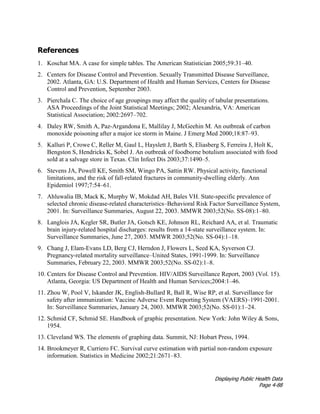 Displaying Public Health Data
Page 4-88
References
1. Koschat MA. A case for simple tables. The American Statistician 2005;59:31–40.
2. Centers for Disease Control and Prevention. Sexually Transmitted Disease Surveillance,
2002. Atlanta, GA: U.S. Department of Health and Human Services, Centers for Disease
Control and Prevention, September 2003.
3. Pierchala C. The choice of age groupings may affect the quality of tabular presentations.
ASA Proceedings of the Joint Statistical Meetings; 2002; Alexandria, VA: American
Statistical Association; 2002:2697–702.
4. Daley RW, Smith A, Paz-Argandona E, Mallilay J, McGeehin M. An outbreak of carbon
monoxide poisoning after a major ice storm in Maine. J Emerg Med 2000;18:87–93.
5. Kalluri P, Crowe C, Reller M, Gaul L, Hayslett J, Barth S, Eliasberg S, Ferreira J, Holt K,
Bengston S, Hendricks K, Sobel J. An outbreak of foodborne botulism associated with food
sold at a salvage store in Texas. Clin Infect Dis 2003;37:1490–5.
6. Stevens JA, Powell KE, Smith SM, Wingo PA, Sattin RW. Physical activity, functional
limitations, and the risk of fall-related fractures in community-dwelling elderly. Ann
Epidemiol 1997;7:54–61.
7. Ahluwalia IB, Mack K, Murphy W, Mokdad AH, Bales VH. State-specific prevalence of
selected chronic disease-related characteristics–Behavioral Risk Factor Surveillance System,
2001. In: Surveillance Summaries, August 22, 2003. MMWR 2003;52(No. SS-08):1–80.
8. Langlois JA, Kegler SR, Butler JA, Gotsch KE, Johnson RL, Reichard AA, et al. Traumatic
brain injury-related hospital discharges: results from a 14-state surveillance system. In:
Surveillance Summaries, June 27, 2003. MMWR 2003;52(No. SS-04):1–18.
9. Chang J, Elam-Evans LD, Berg CJ, Herndon J, Flowers L, Seed KA, Syverson CJ.
Pregnancy-related mortality surveillance–United States, 1991-1999. In: Surveillance
Summaries, February 22, 2003. MMWR 2003;52(No. SS-02):1–8.
10. Centers for Disease Control and Prevention. HIV/AIDS Surveillance Report, 2003 (Vol. 15).
Atlanta, Georgia: US Department of Health and Human Services;2004:1–46.
11. Zhou W, Pool V, Iskander JK, English-Bullard R, Ball R, Wise RP, et al. Surveillance for
safety after immunization: Vaccine Adverse Event Reporting System (VAERS)–1991-2001.
In: Surveillance Summaries, January 24, 2003. MMWR 2003;52(No. SS-01):1–24.
12. Schmid CF, Schmid SE. Handbook of graphic presentation. New York: John Wiley & Sons,
1954.
13. Cleveland WS. The elements of graphing data. Summit, NJ: Hobart Press, 1994.
14. Brookmeyer R, Curriero FC. Survival curve estimation with partial non-random exposure
information. Statistics in Medicine 2002;21:2671–83.
 