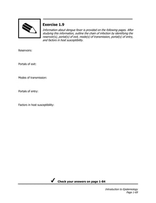 Introduction to Epidemiology
Page 1-69
Exercise 1.9
Information about dengue fever is provided on the following pages. After
studying this information, outline the chain of infection by identifying the
reservoir(s), portal(s) of exit, mode(s) of transmission, portal(s) of entry,
and factors in host susceptibility.
Reservoirs:
Portals of exit:
Modes of transmission:
Portals of entry:
Factors in host susceptibility:
Check your answers on page 1-84
 