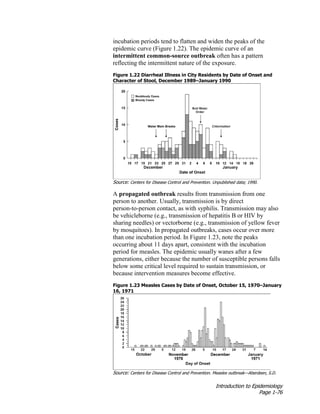Introduction to Epidemiology
Page 1-76
incubation periods tend to flatten and widen the peaks of the
epidemic curve (Figure 1.22). The epidemic curve of an
intermittent common-source outbreak often has a pattern
reflecting the intermittent nature of the exposure.
Figure 1.22 Diarrheal Illness in City Residents by Date of Onset and
Character of Stool, December 1989–January 1990
Source: Centers for Disease Control and Prevention. Unpublished data; 1990.
A propagated outbreak results from transmission from one
person to another. Usually, transmission is by direct
person-to-person contact, as with syphilis. Transmission may also
be vehicleborne (e.g., transmission of hepatitis B or HIV by
sharing needles) or vectorborne (e.g., transmission of yellow fever
by mosquitoes). In propagated outbreaks, cases occur over more
than one incubation period. In Figure 1.23, note the peaks
occurring about 11 days apart, consistent with the incubation
period for measles. The epidemic usually wanes after a few
generations, either because the number of susceptible persons falls
below some critical level required to sustain transmission, or
because intervention measures become effective.
Figure 1.23 Measles Cases by Date of Onset, October 15, 1970–January
16, 1971
Source: Centers for Disease Control and Prevention. Measles outbreak—Aberdeen, S.D.
 