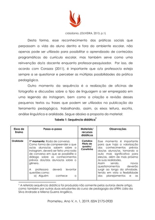 cidadania. (OLIVEIRA, 2013, p.1)
Desta forma, esse reconhecimento das práticas sociais que
perpassam a vida do aluno dentro e fora do ambiente escolar, não
apenas pode ser utilizado para possibilitar o aprendizado de conteúdos
programáticos do currículo escolar, mas também serve como uma
reinvenção do/a docente enquanto professor-pesquisador. Por isso, de
acordo com Corazza (2011), é importante que o/a professor/a esteja
sempre a se questionar e perceber as múltiplas possibilidades da prática
pedagógica.
Outro momento da sequência é a realização de oficinas de
fotografia e discussões sobre o tipo de linguagem a ser empregada em
uma legenda do Instagram, bem como a criação e revisão desses
pequenos textos ou frases que podem ser utilizados na publicação da
ferramenta pedagógica, trabalhando, assim, os eixos leitura, escrita,
análise linguística e oralidade. Segue abaixo a proposta do material:
Tabela 1: Sequência didática
5
Eixos de
Ensino
Passo-a-passo Materiais/
recursos
didáticos
Observações
Oralidade 1º momento​: Roda de conversa.
Como forma de compreender o que
os/as alunos/as sabem sobre o
Instagram, deverá ser feita uma roda
de conversa em que se possibilite o
diálogo sobre os conhecimentos
prévios dos/das alunos/as sobre o
gênero.
A professora deverá levantar
questões como:
a) Alguém conhece o
Cartolina
Piloto de
quadro/
Canetinha
Esse momento é importante
para que haja a valorização
dos conhecimentos prévios
dos/as alunos/as, tornando a
aula mais significativa para
eles/as, além de mais próxima
às suas realidades.
Assim sendo, novos
questionamentos deverão
surgir ao longo da atividade,
tendo em vista a flexibilidade
dos planejamentos e as
5
​A referida sequência didática foi produzida não somente pelas autoras deste artigo,
como também por outras duas estudantes do curso de pedagogia da UFRN: Lídia da
Silva Andrade e Milena Guerra Angélico.
Prometeu, Ano V, n. 1, 2019. ISSN 2175-0920
 