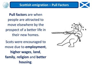 Pull factors are when
people are attracted to
move elsewhere by the
prospect of a better life in
their new homes.
Scots were encouraged to
move due to employment,
higher wages, land,
family, religion and better
housing.
Scottish emigration – Pull Factors
 